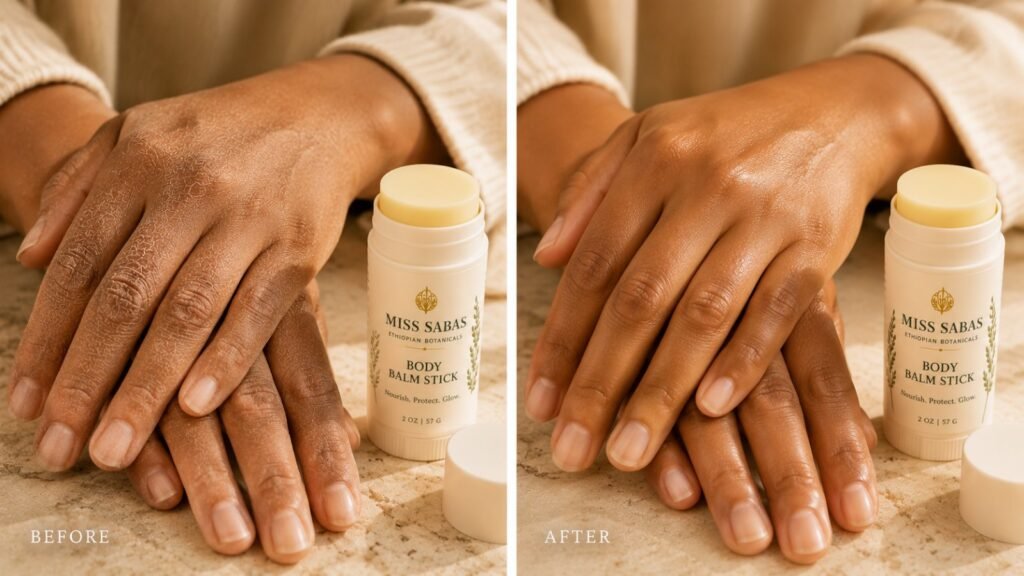 Body Balm Stick before and after, hands