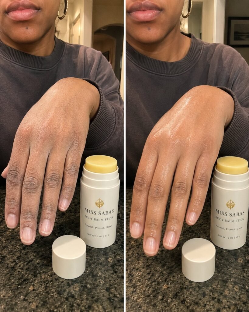 Body Balm Stick before and after, in real life