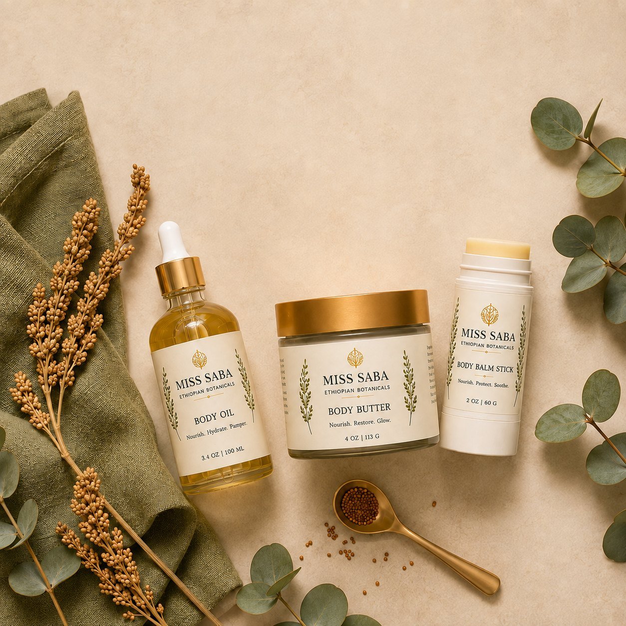 Miss Saba flat lay with teff and eucalyptus