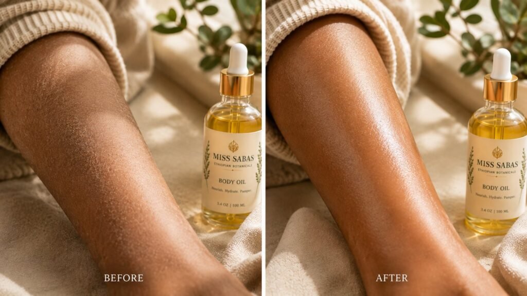 Body Oil before and after, lower leg