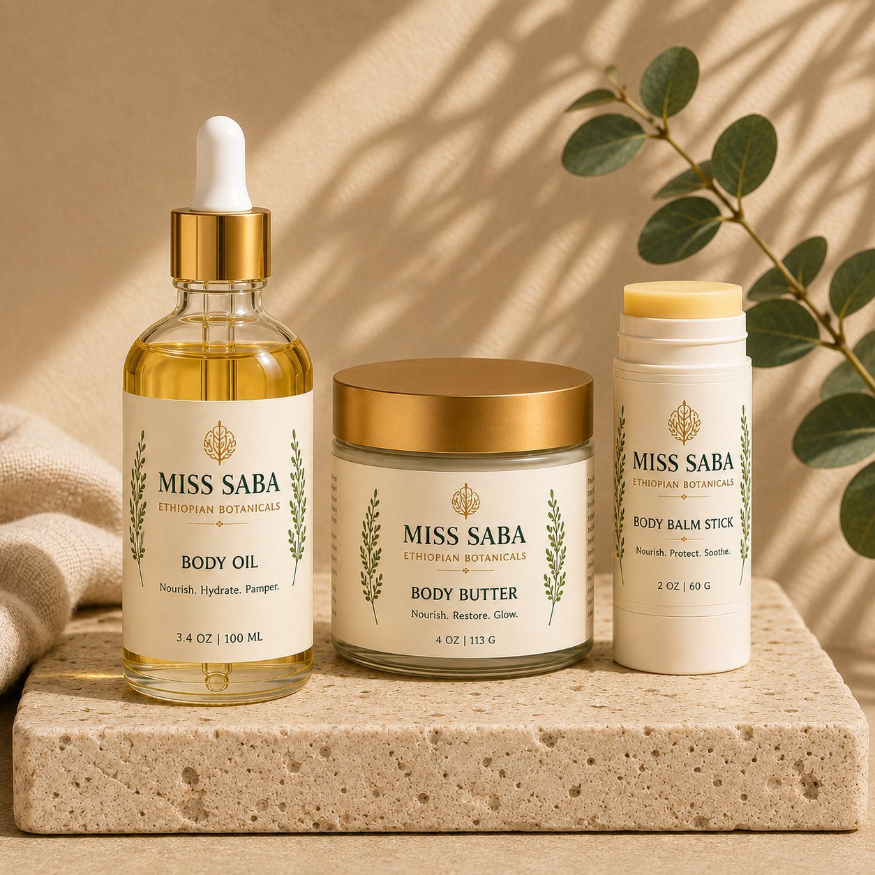 The three Miss Saba botanicals on travertine
